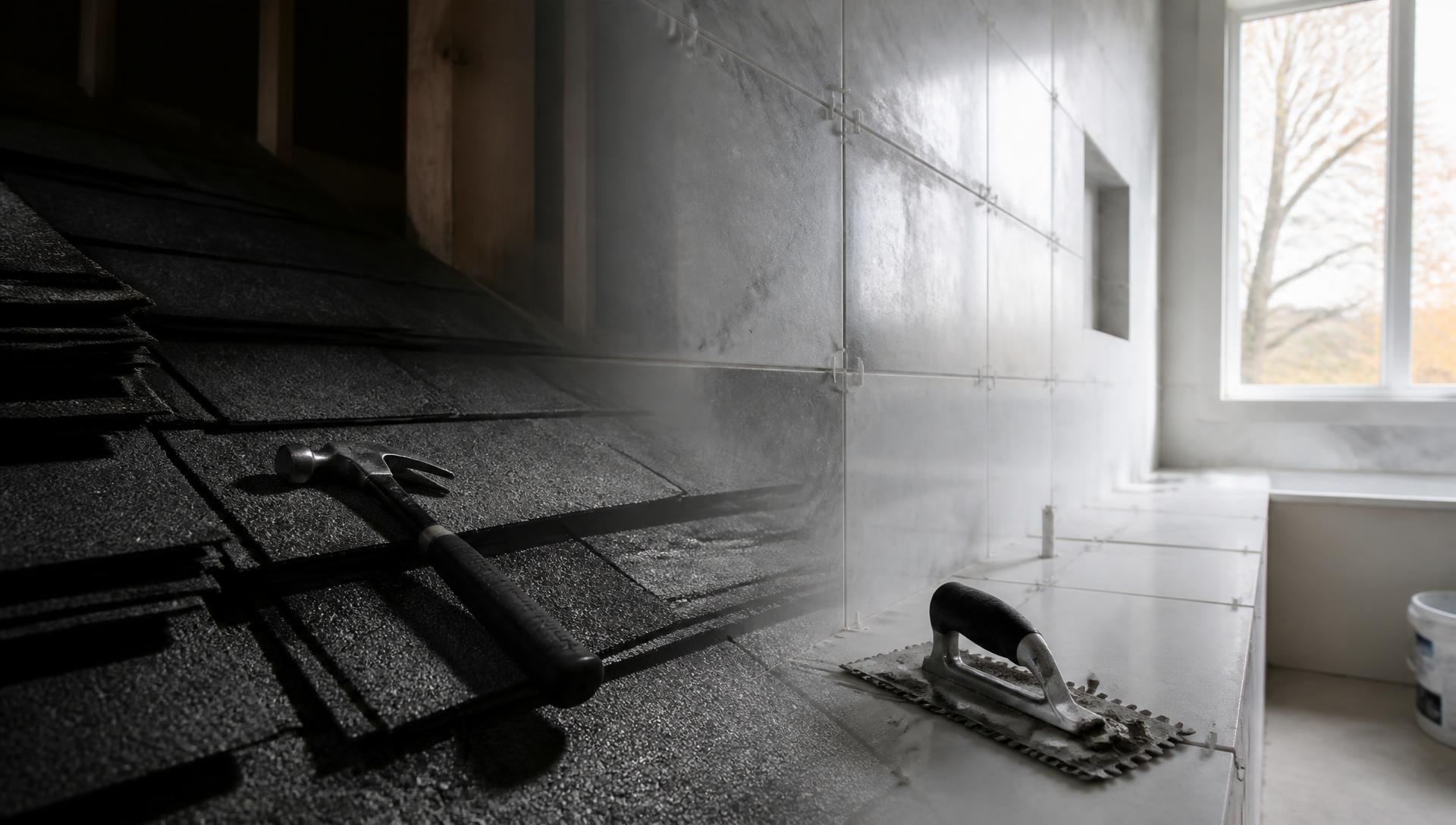 Remodeling services scene with dark asphalt roof shingles and a framing hammer transitioning into a brightly lit tiled bathroom wall with a notched trowel