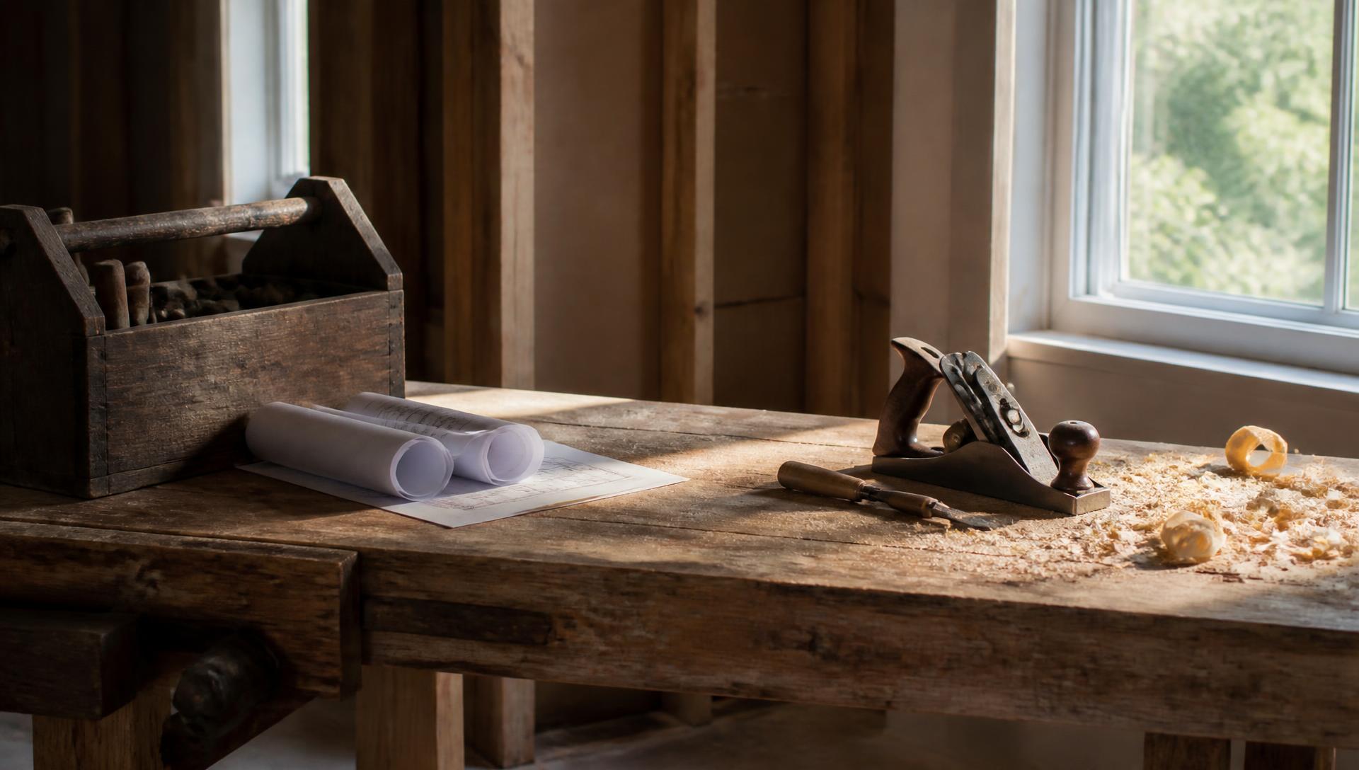 Carpenter's reclaimed wood workbench with a wooden toolbox and rolled blueprints in shadow beside a sunlit hand plane, chisel and wood shavings
