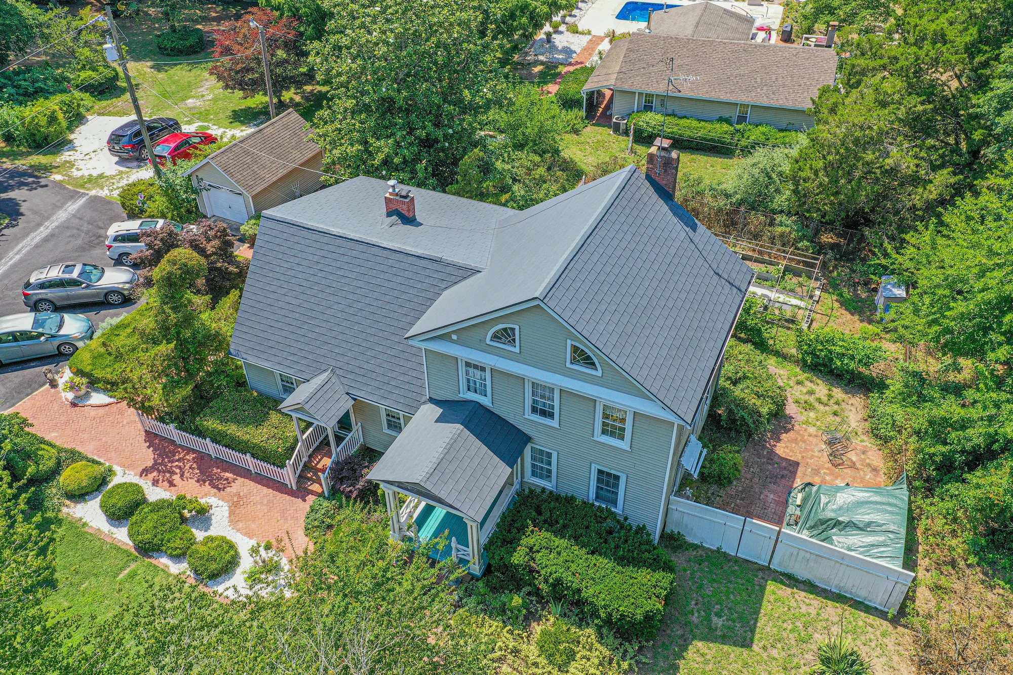 Gray roof aerial neighborhood view
