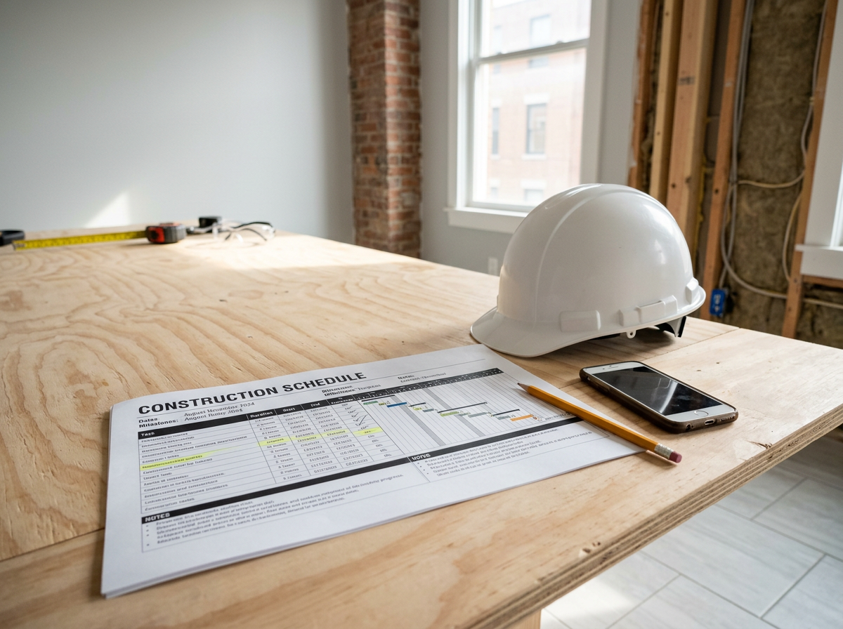 Construction schedule printout, hard hat and pencil on a plywood work table inside a home renovation in progress