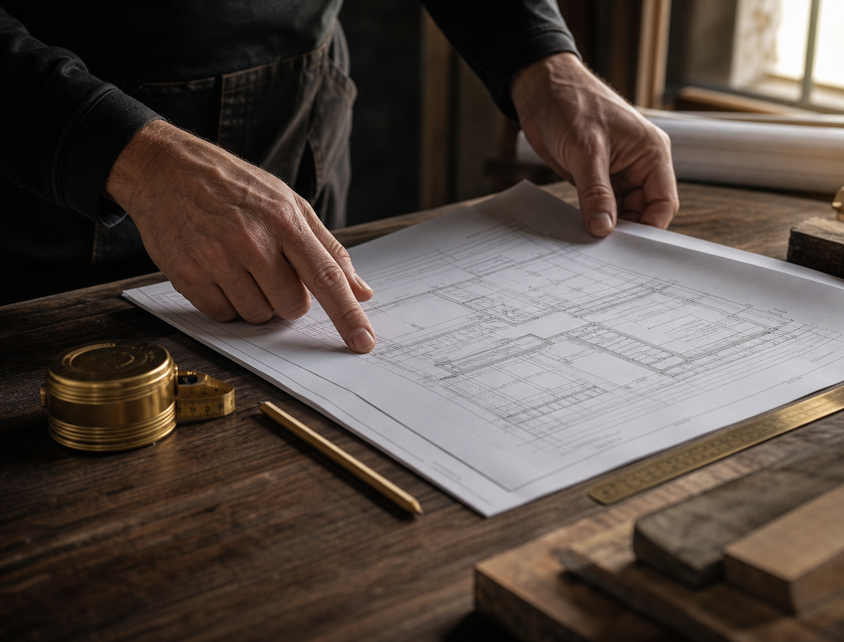 Experienced residential builder reviewing architectural plans for a Long Island home renovation