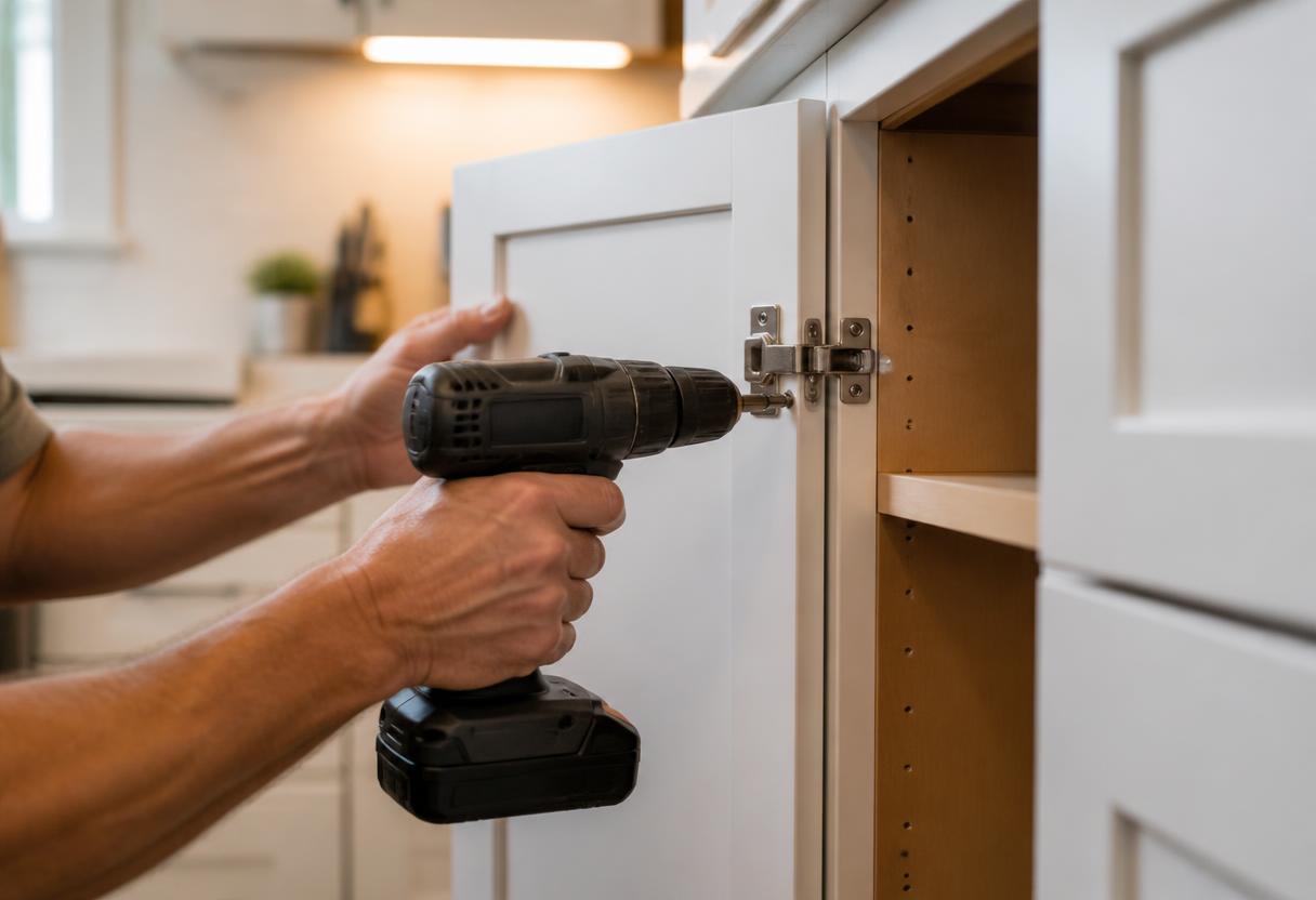 Carpenter fastening a hinge on a white shaker cabinet with a cordless drill during a kitchen remodel in Deer Park, NY