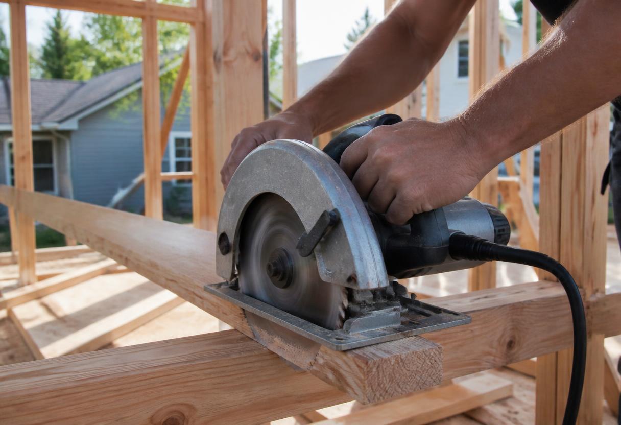 Carpenter cutting a 2x4 stud with a circular saw while framing a home addition in Deer Park, NY