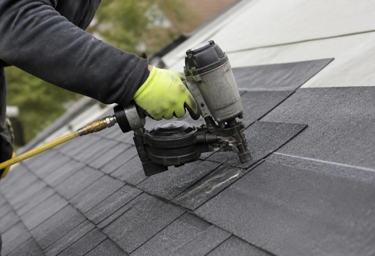 Roofer nailing charcoal asphalt shingles with a pneumatic roofing nailer on a home in Deer Park, NY