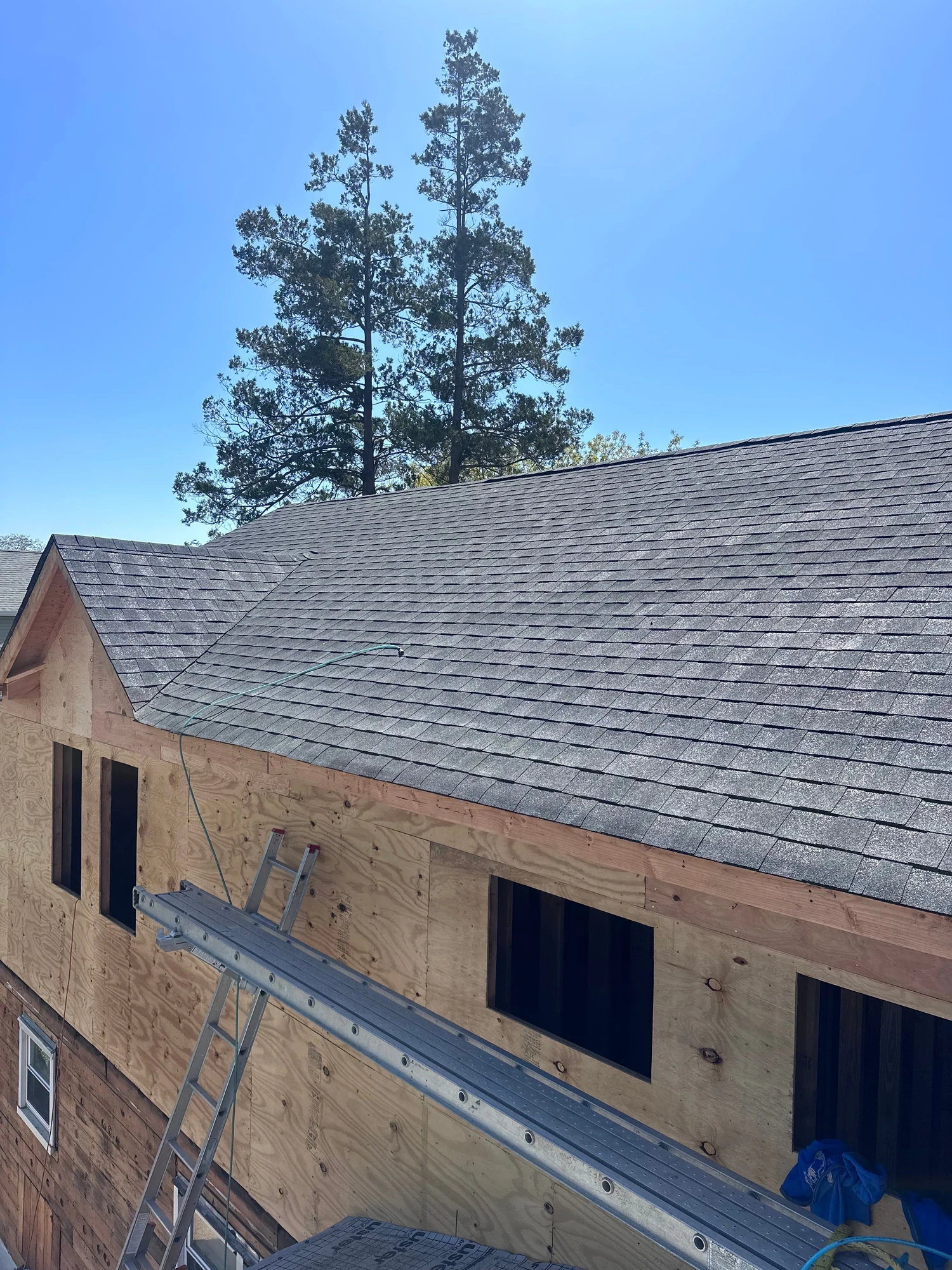 Gray shingles above exposed wall sheathing