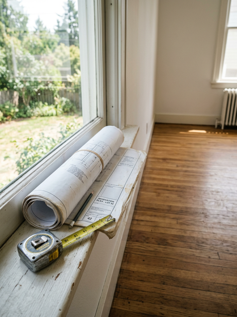 Rolled renovation blueprints and a tape measure on a sunlit windowsill in an empty room before a home remodel walkthrough