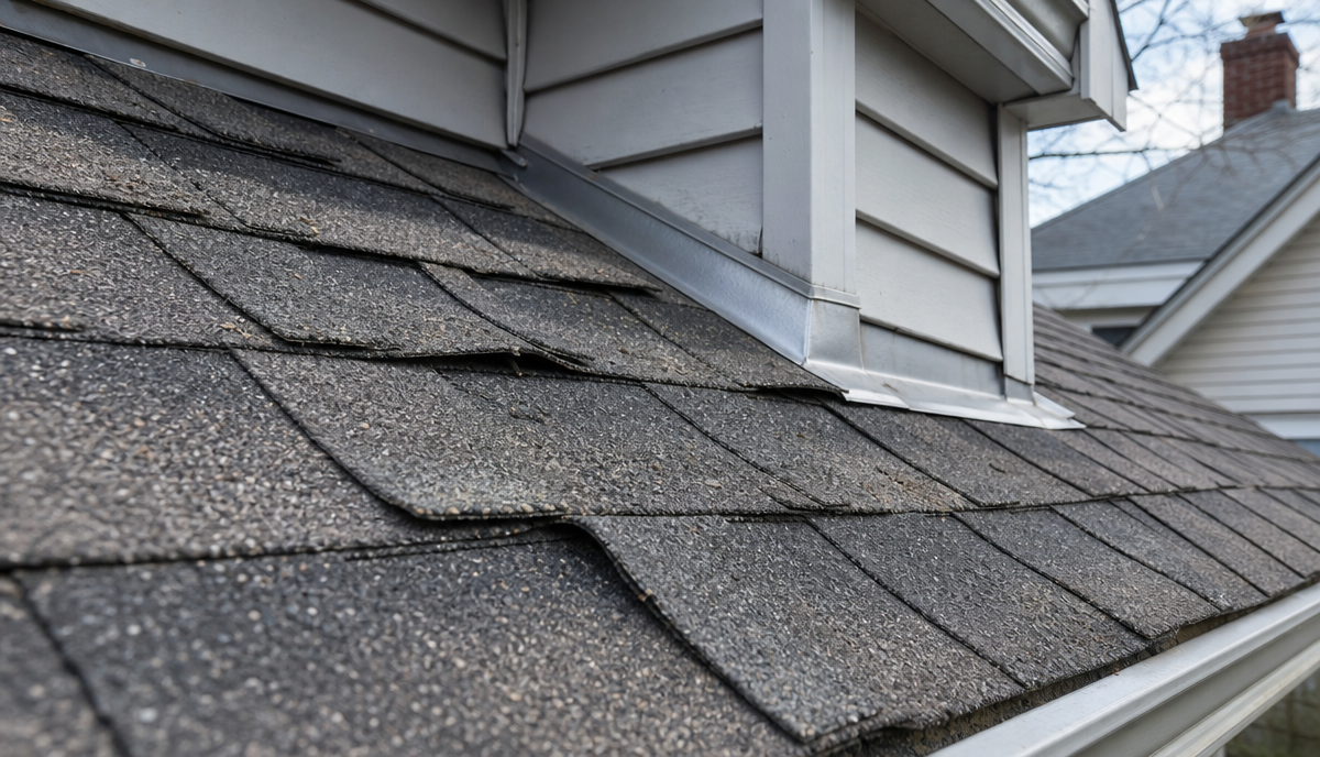 Curling and worn asphalt shingles showing signs a residential roof needs replacement