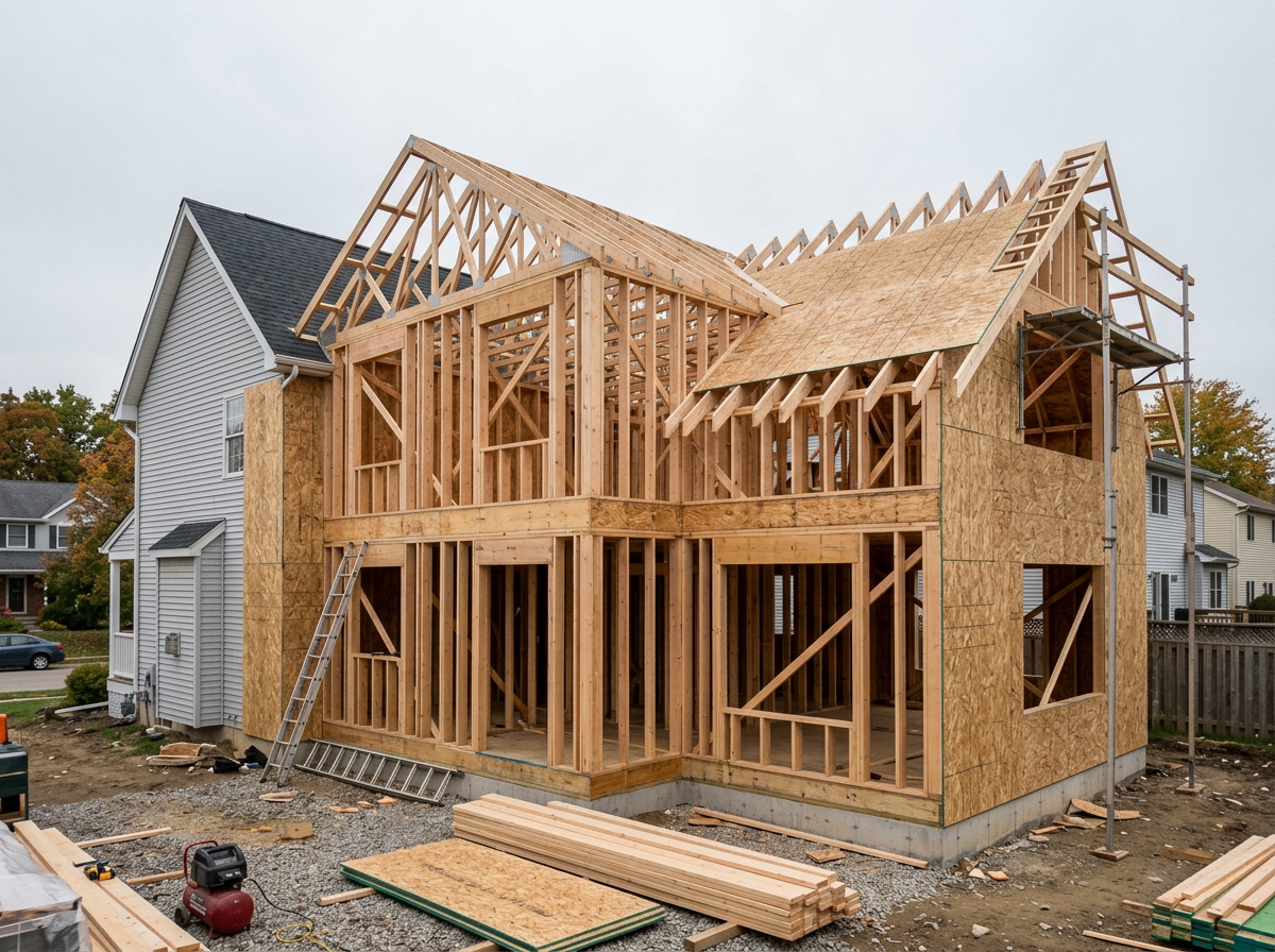 Newly framed two-storey home addition with wood stud walls, roof trusses and plywood sheathing