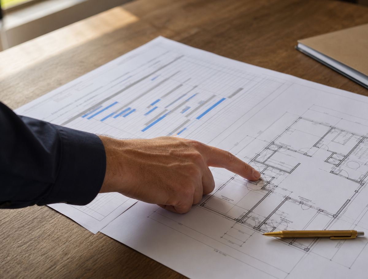 Contractor explaining a construction schedule and floor plan during a project update