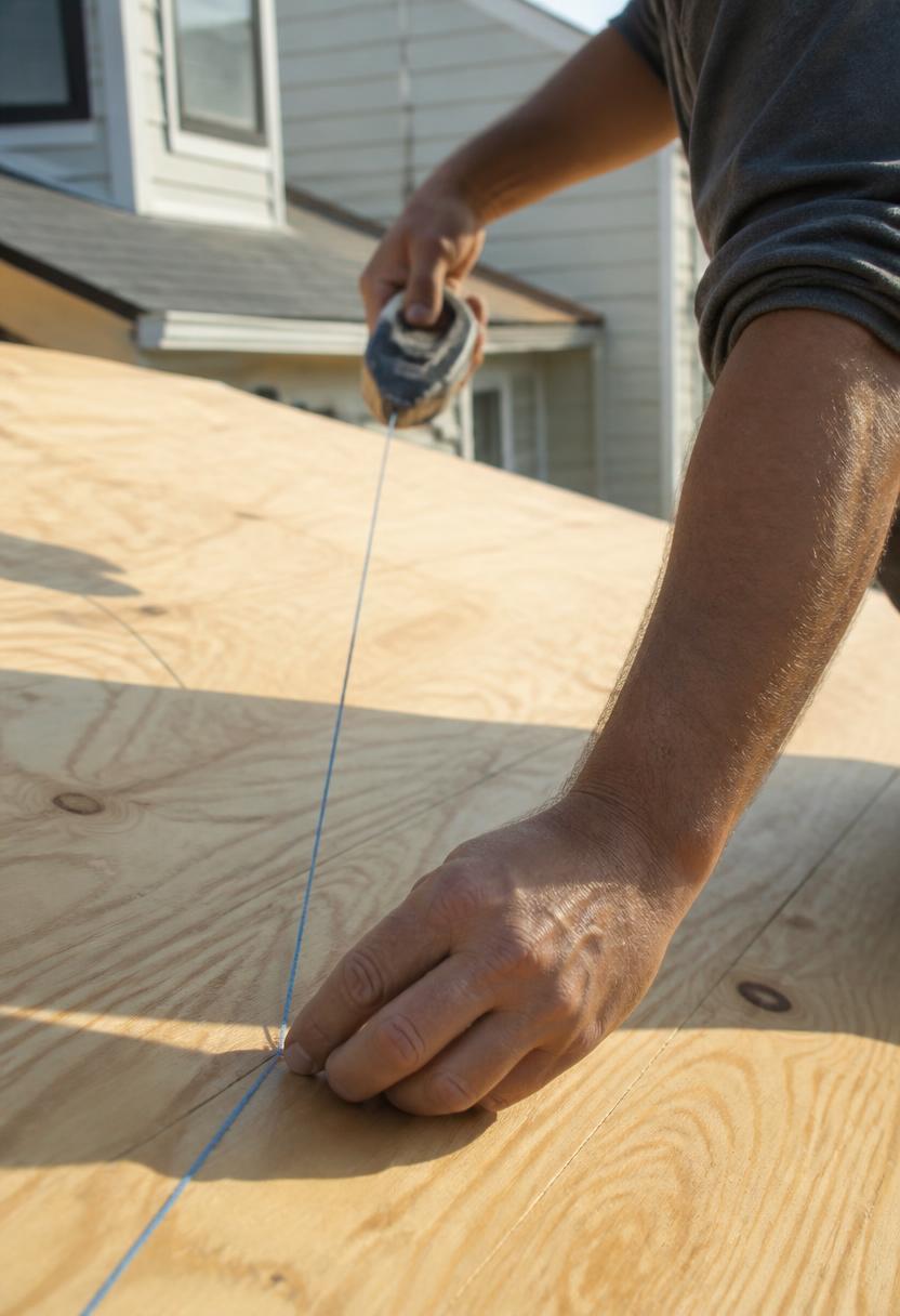 Roofer snapping a chalk line across fresh plywood roof decking on a Deer Park, NY home