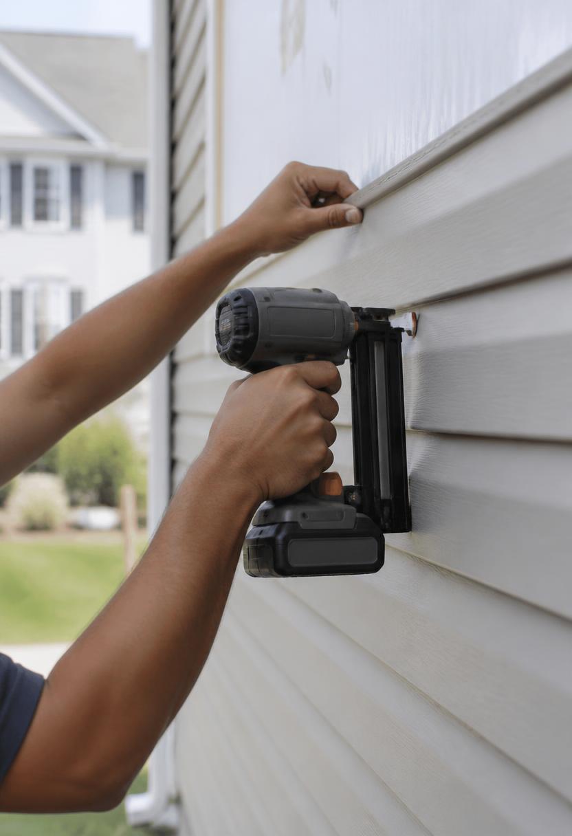 Installer fastening vinyl siding with a siding nailer on a Deer Park, NY home exterior