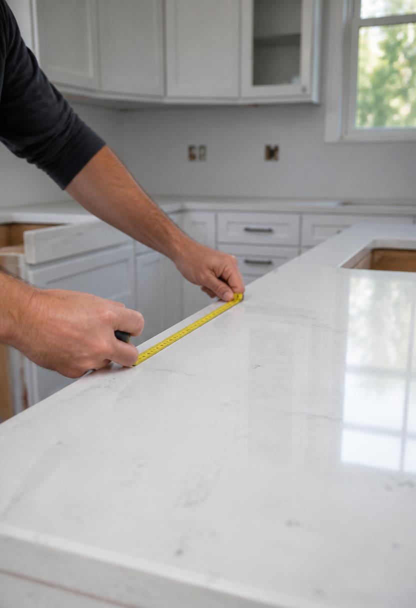 Installer measuring a white quartz countertop with a tape measure during a kitchen renovation in Deer Park, NY