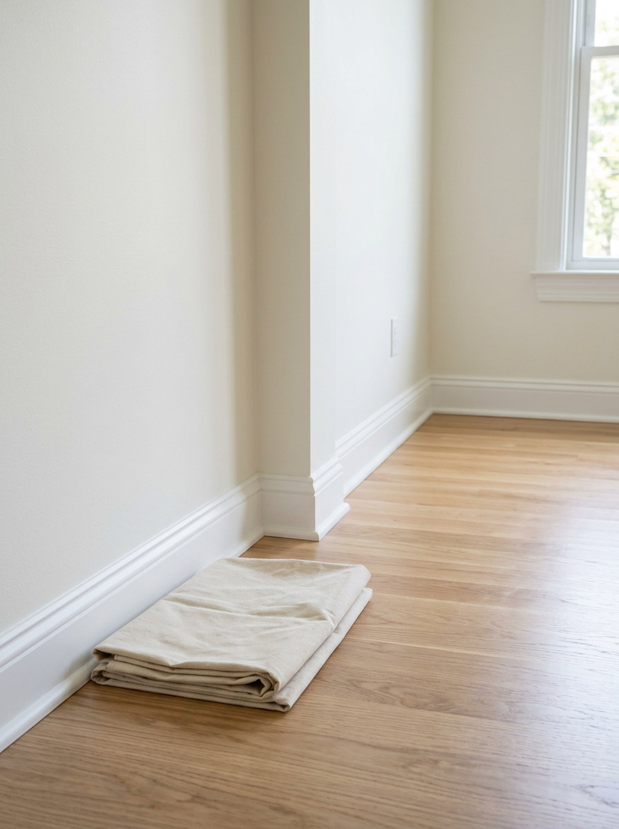 Finished renovated room with fresh white baseboard trim, new oak flooring and a folded drop cloth after final cleanup