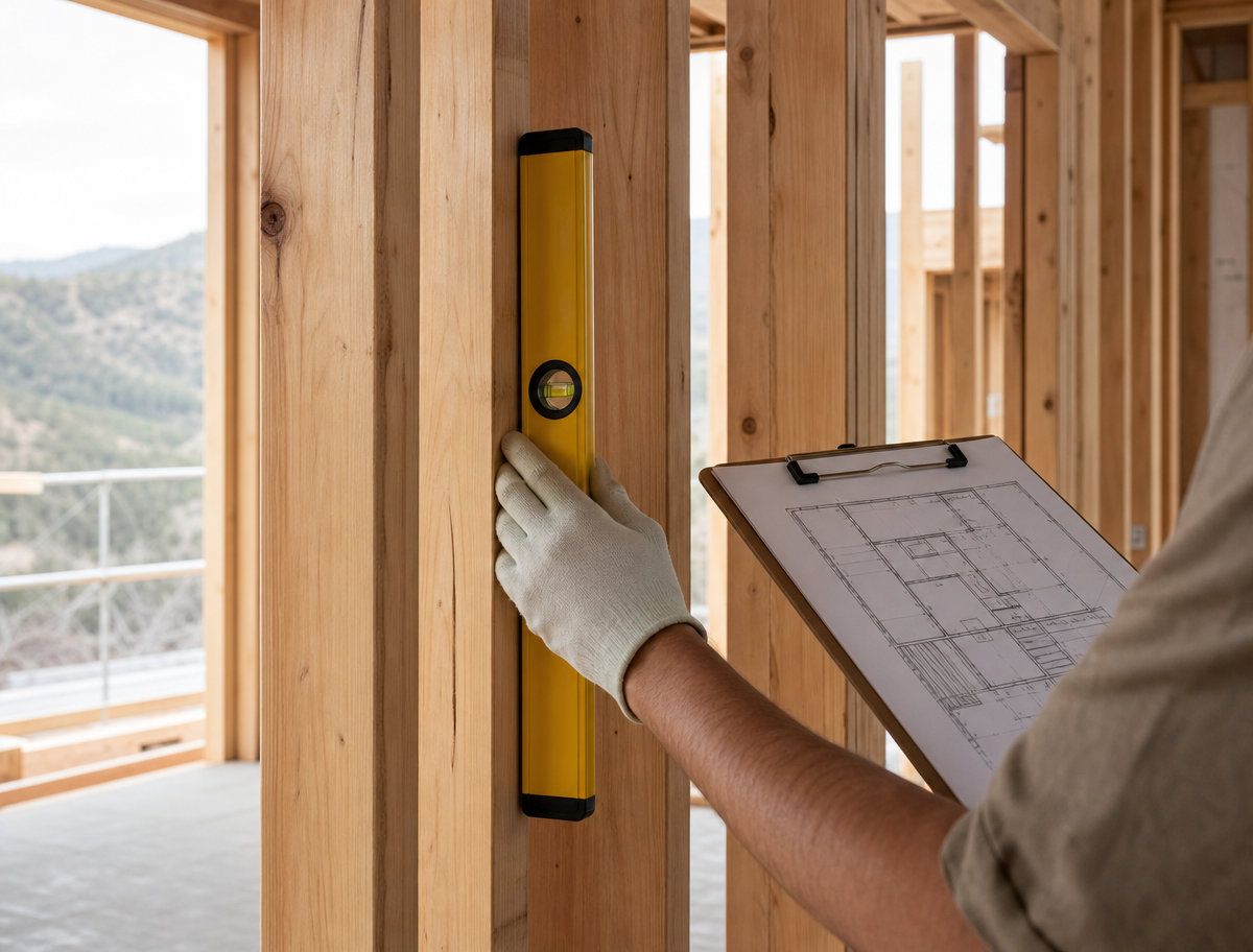 Owner-led framing inspection with a spirit level and residential floor plan