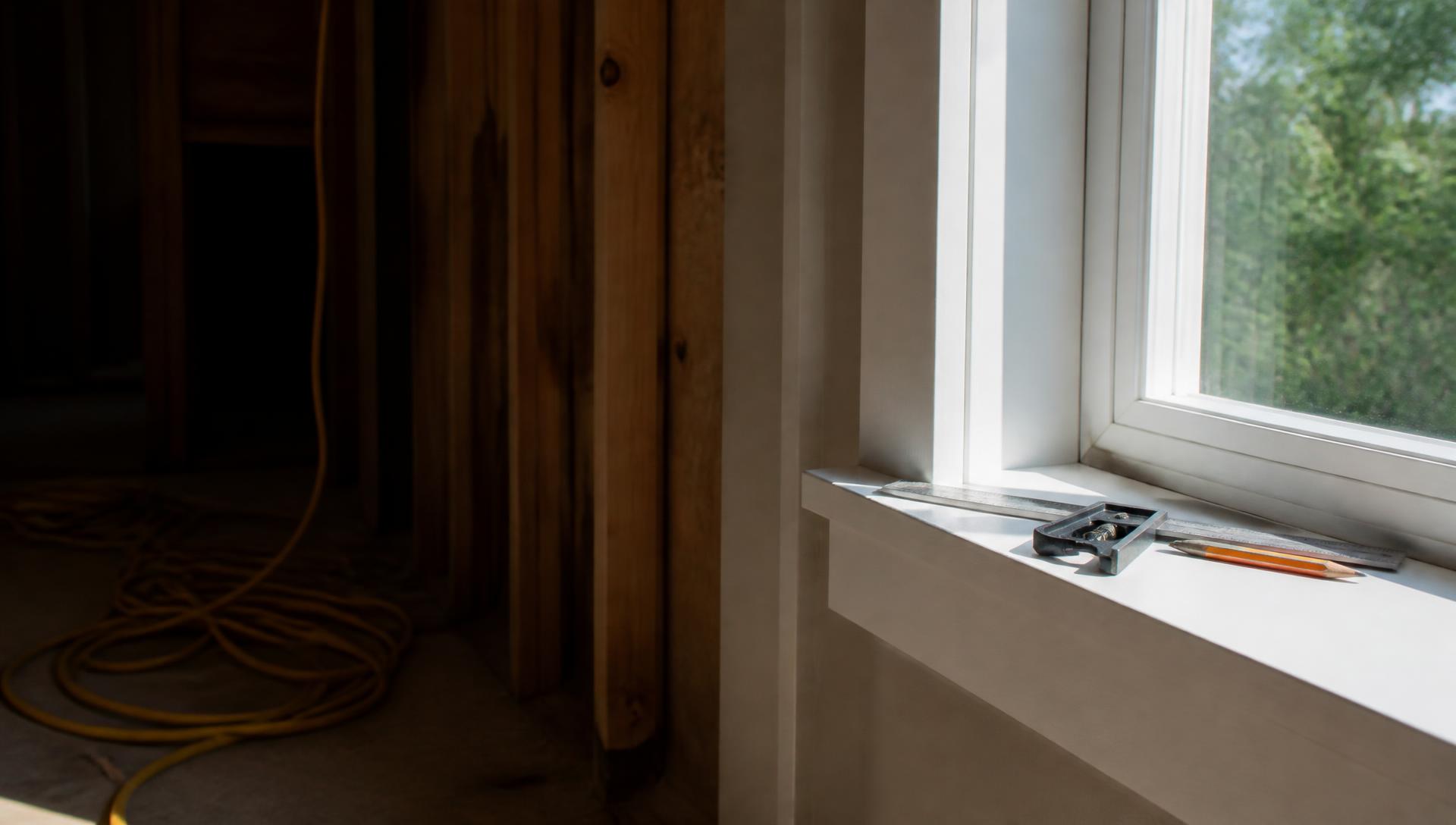 Renovation job site with a shadowed framed stud wall and coiled extension cord beside a sunlit new window sill holding a combination square and pencil