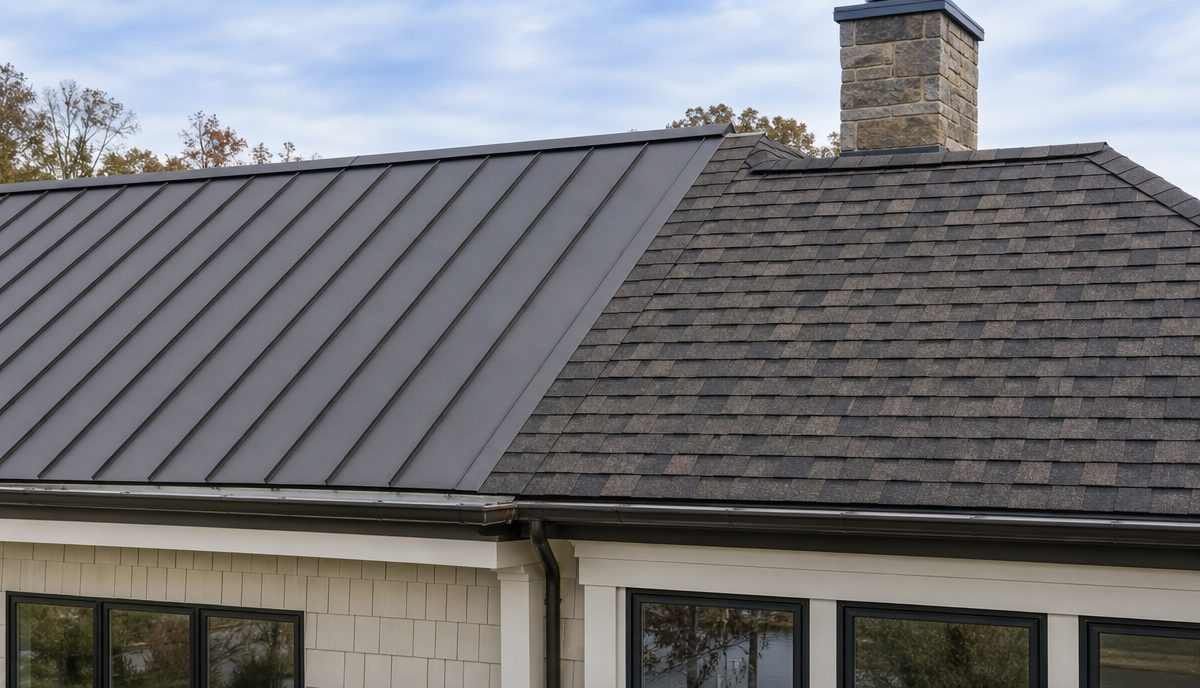 Metal roofing and dimensional asphalt shingles installed on the same residential roof