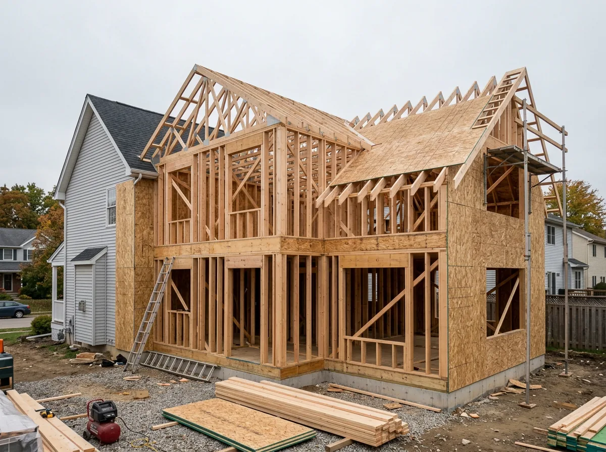 Newly framed two-storey home addition with wood stud walls, roof trusses and plywood sheathing