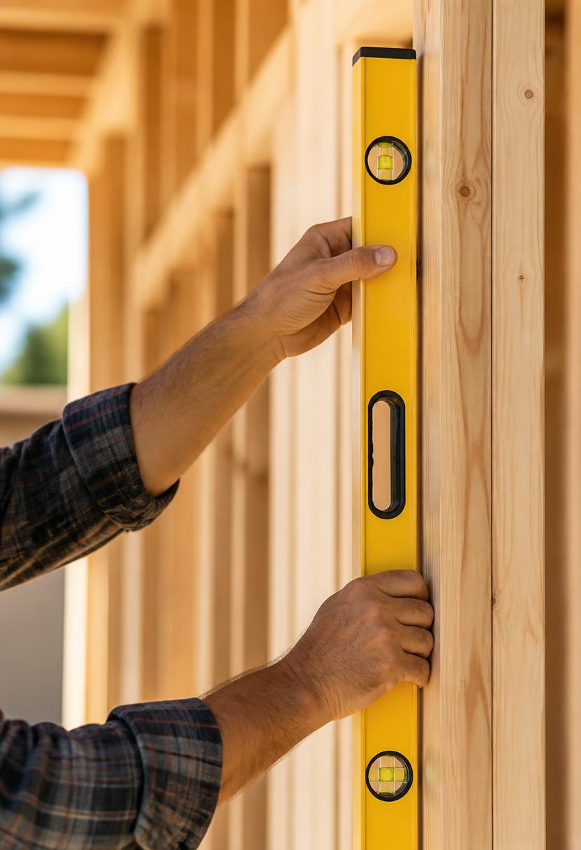 Builder checking wall studs with a spirit level on a new home build in Deer Park, NY