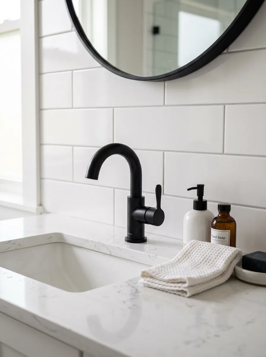 Finished bathroom vanity with a matte black faucet, white quartz countertop and white subway tile wall