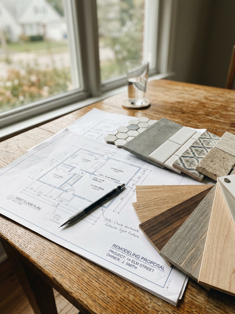 Remodeling proposal with a first floor plan, pencil, tile samples and hardwood flooring samples on a wooden table