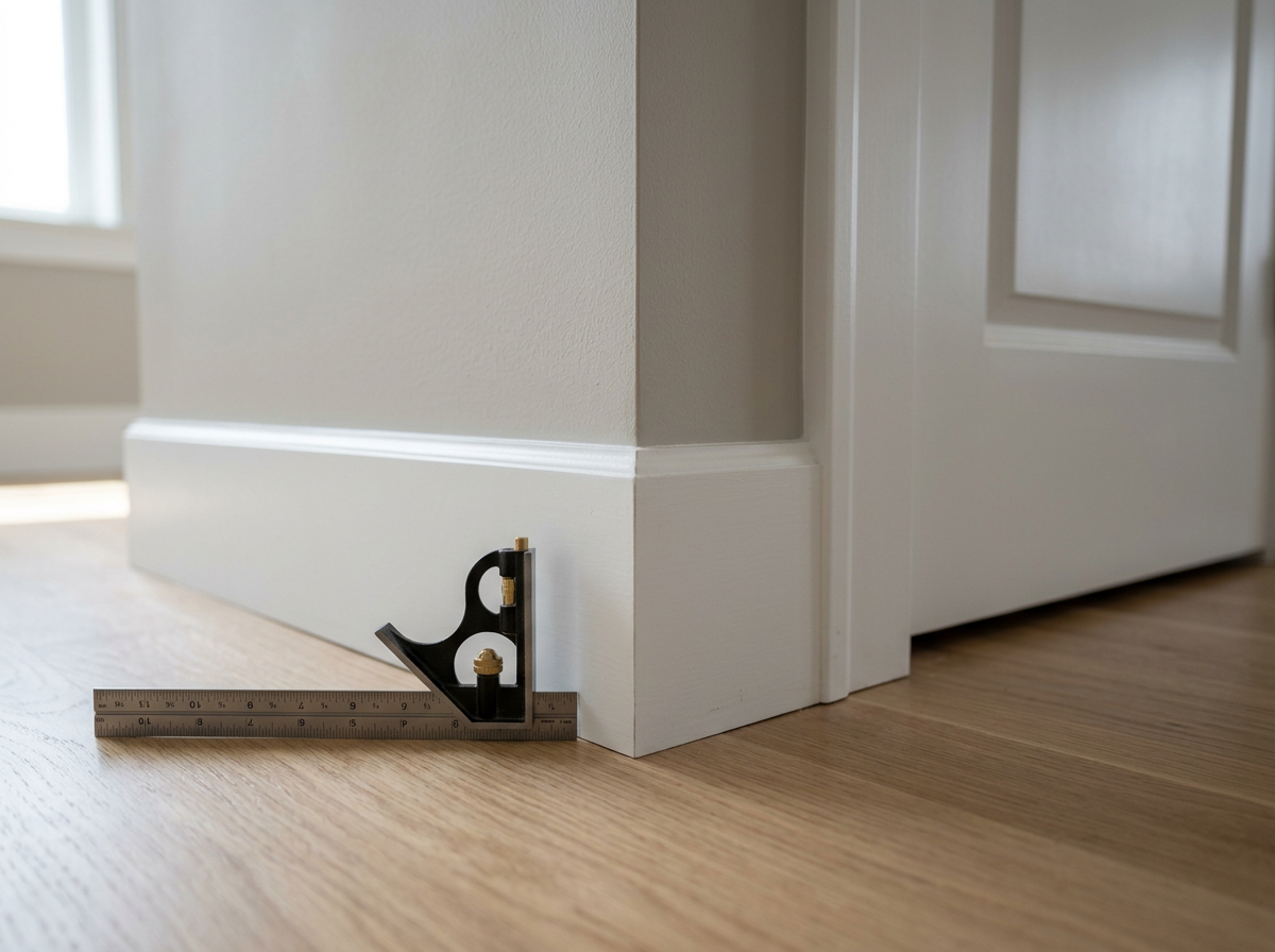 Close-up of precision finish carpentry with a mitered white baseboard and door casing joint and a combination square on oak flooring