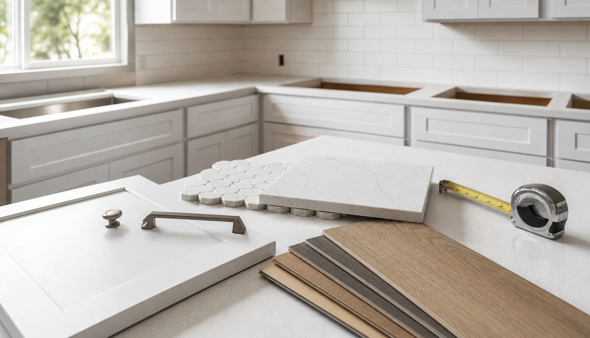 Kitchen remodeling material samples, cabinetry and quartz selected for a renovation budget