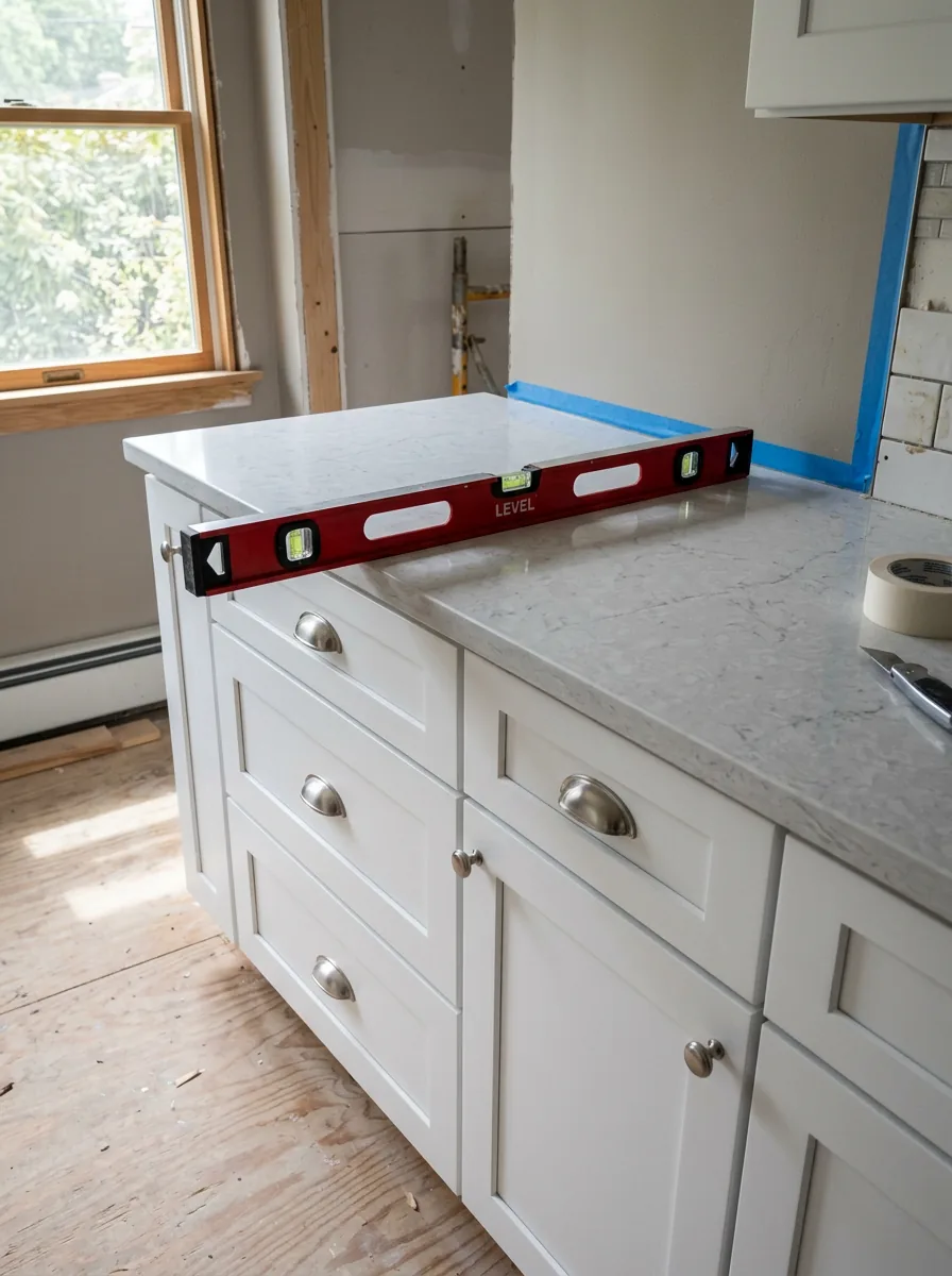 New white shaker kitchen cabinets with a quartz countertop and a level during a home remodel in Long Island, NY