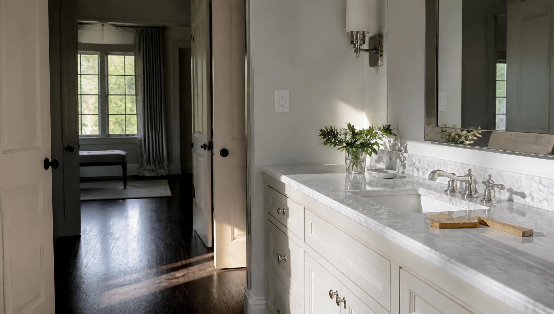 Finished home renovation interior with a shadowed dark hardwood hallway opening onto a sunlit white bathroom vanity with marble countertop