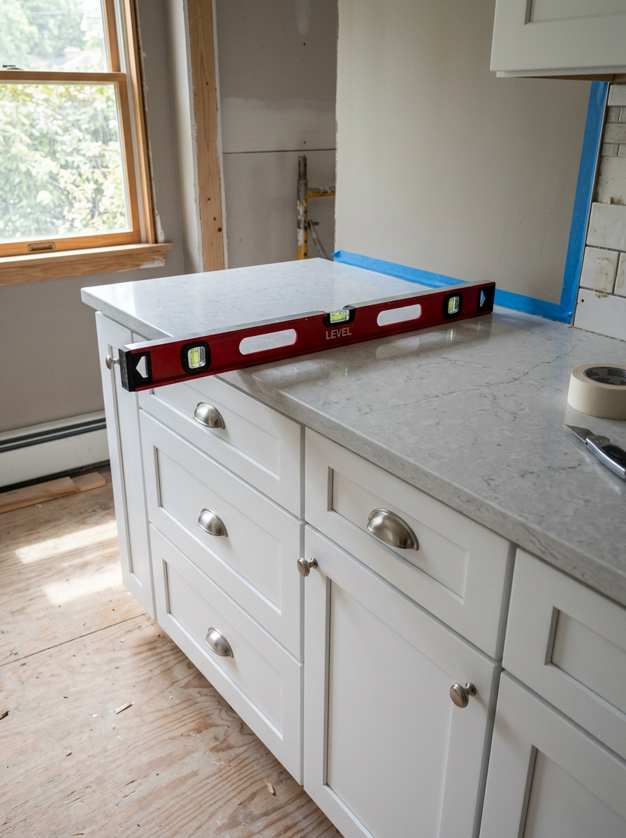 New white shaker kitchen cabinets with a quartz countertop and a level during a home remodel in Long Island, NY