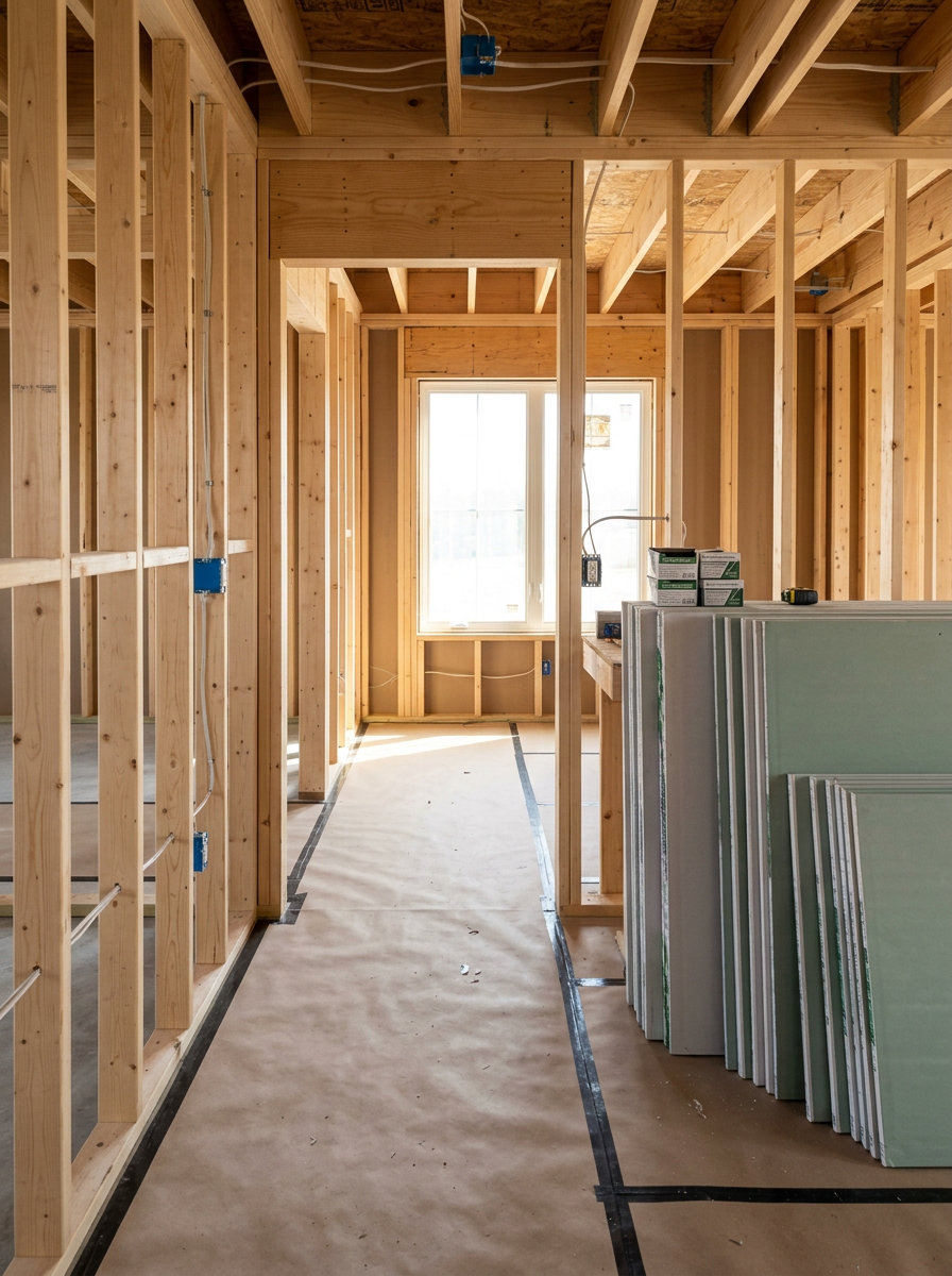 Interior of a managed residential construction project with clean wood stud framing and drywall sheets stacked ready to hang