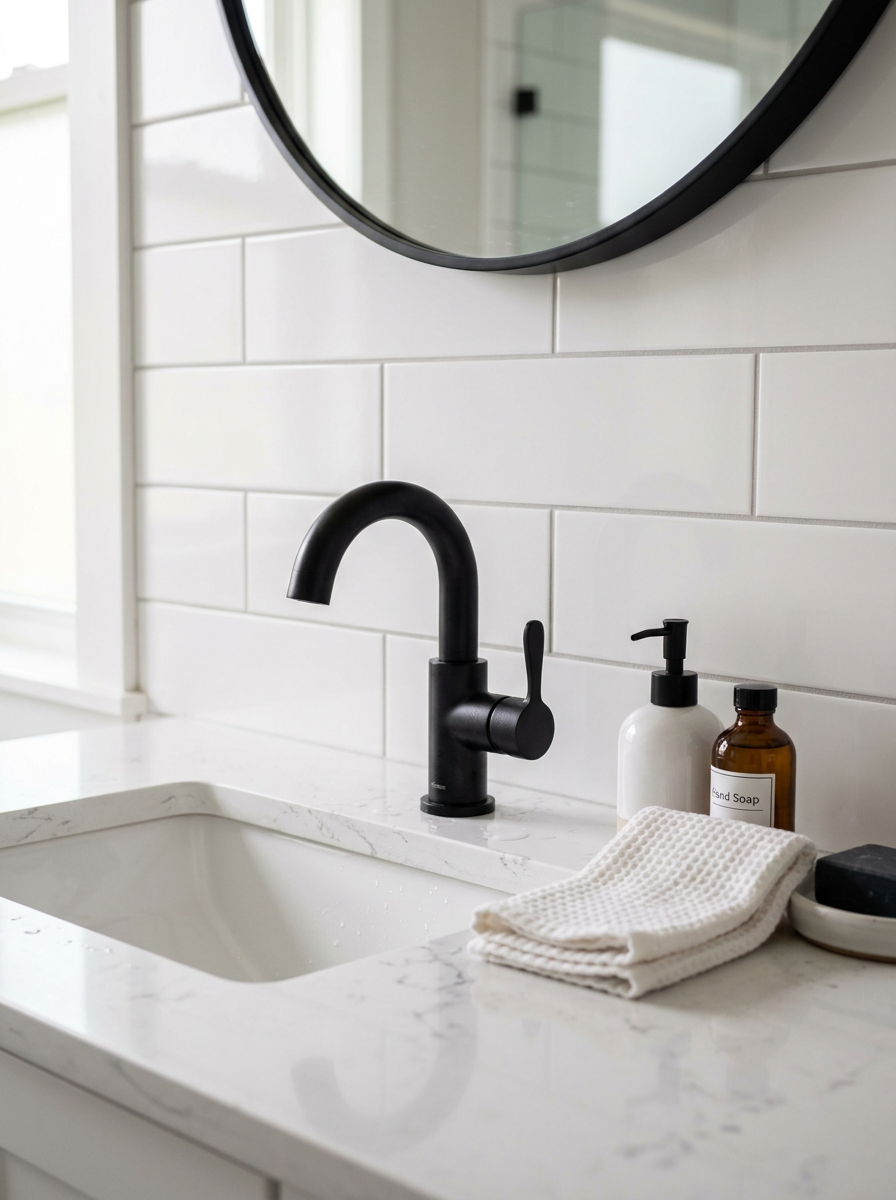 Finished bathroom vanity with a matte black faucet, white quartz countertop and white subway tile wall
