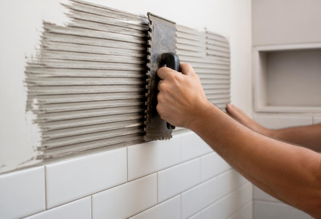 Tile setter spreading thin-set mortar with a notched trowel before laying subway tile in a Deer Park, NY bathroom remodel