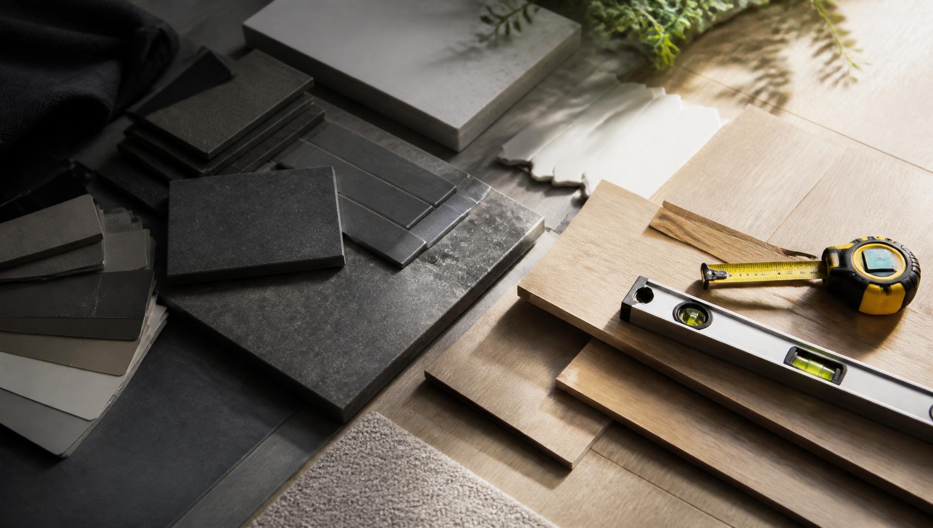 Remodeling material samples with dark stone tile and paint chips in shadow beside sunlit oak flooring boards, a spirit level and a tape measure