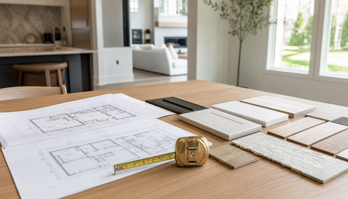 Architectural plans and coordinated finish samples for planning a Long Island home renovation