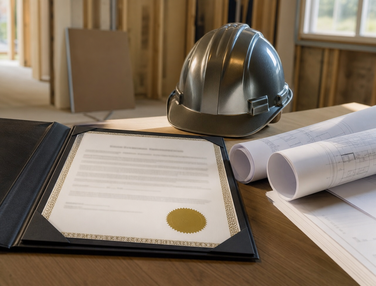 Contractor licensing documentation, safety helmet and residential construction plans
