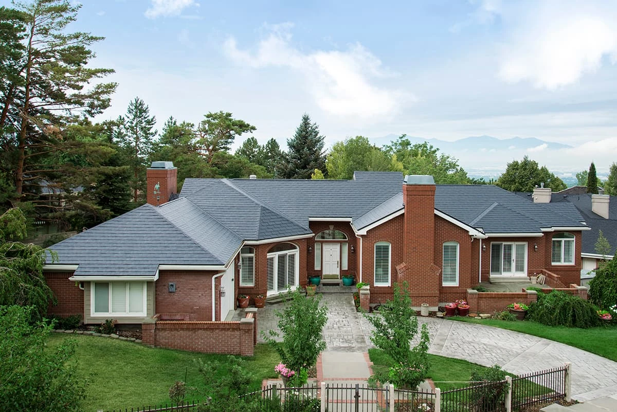 Brick ranch roof viewed from the garden
