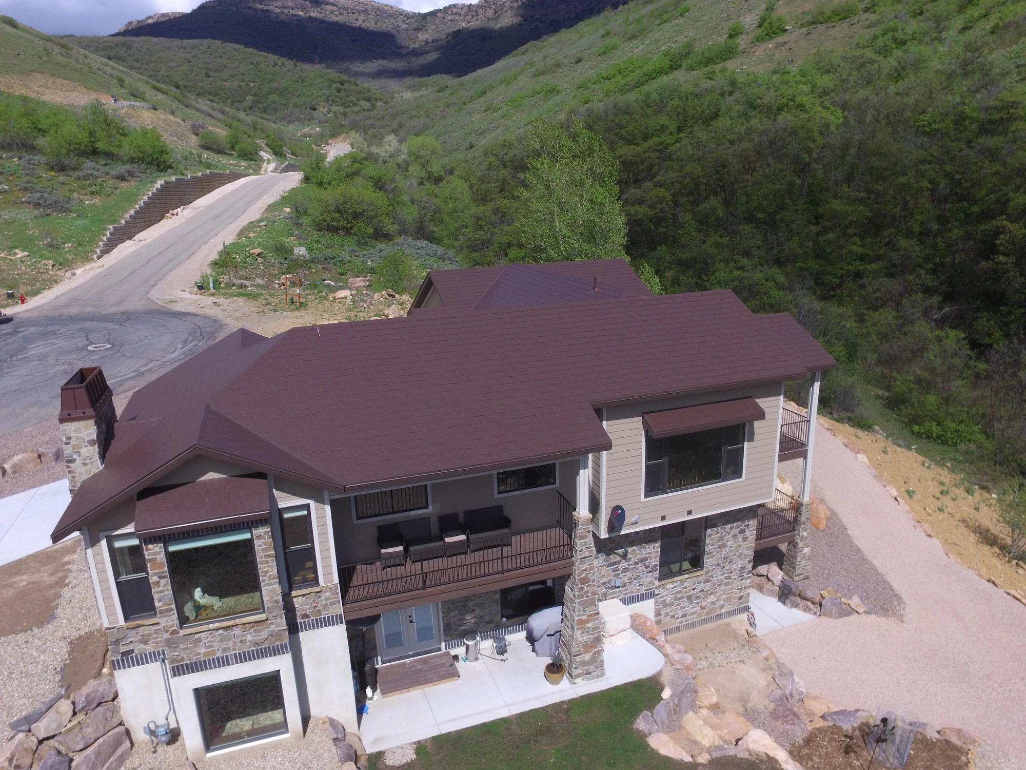 Brown roof on a hillside estate