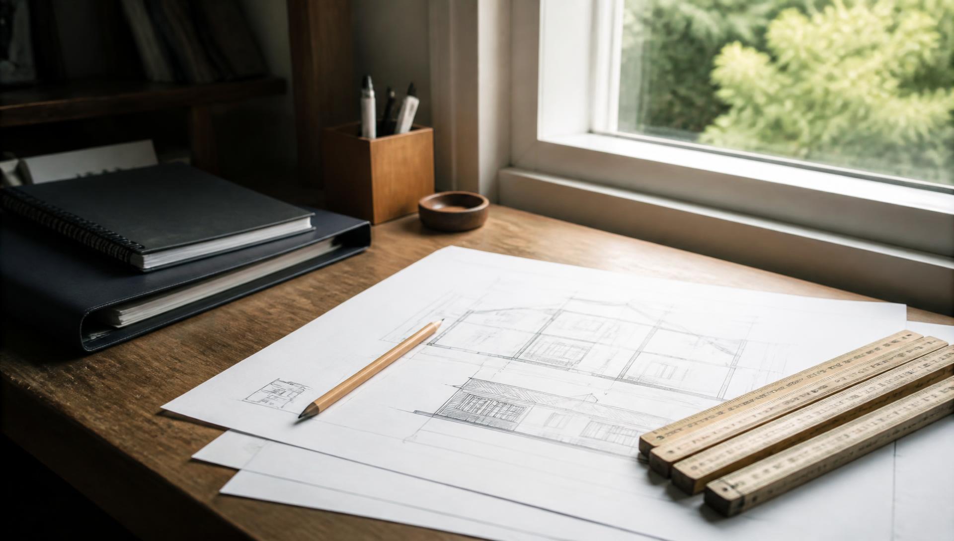 Home builder's desk with dark notebooks in shadow beside sunlit architectural house plans, a pencil and a wooden folding rule by a window