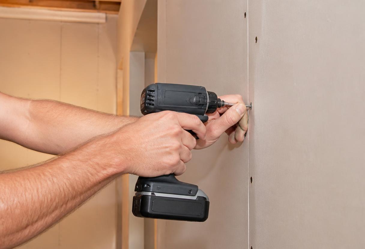 Drywaller driving screws into drywall with a screw gun during a basement finishing project in Deer Park, NY